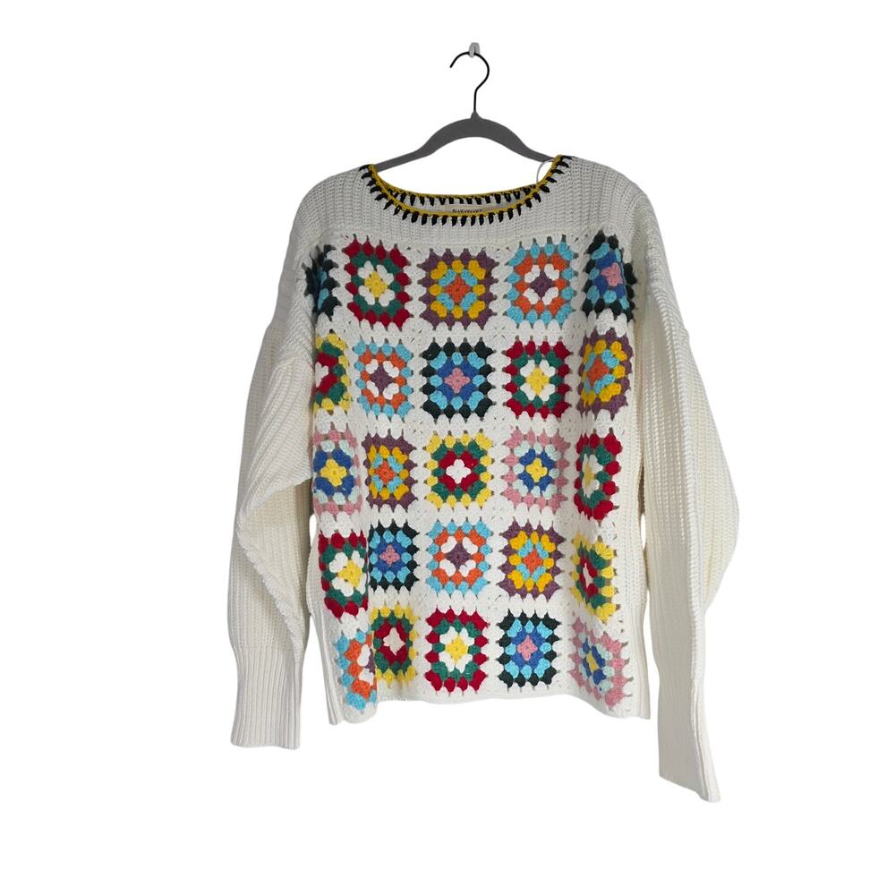 NWT Blue Velvet Womens small Quilt Knit Grandma Core Sweater Ivory multicolor